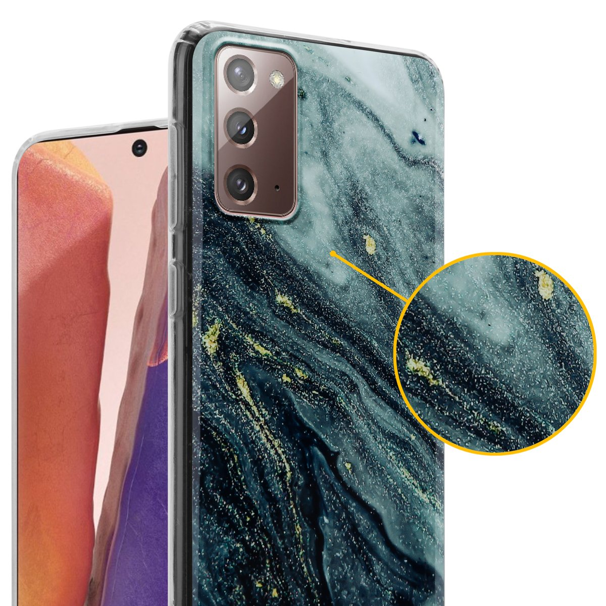 Viene mostrata una custodia per telefono con un design a marmo. La custodia ha un motivo marmorizzato dettagliato con accenti dorati.