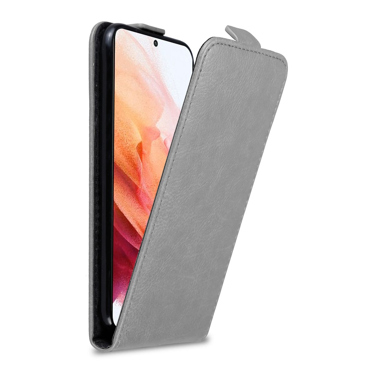 Graue Handy-Klapphülle, geöffnet. Telefon ist in der Hülle. Weißer Hintergrund.