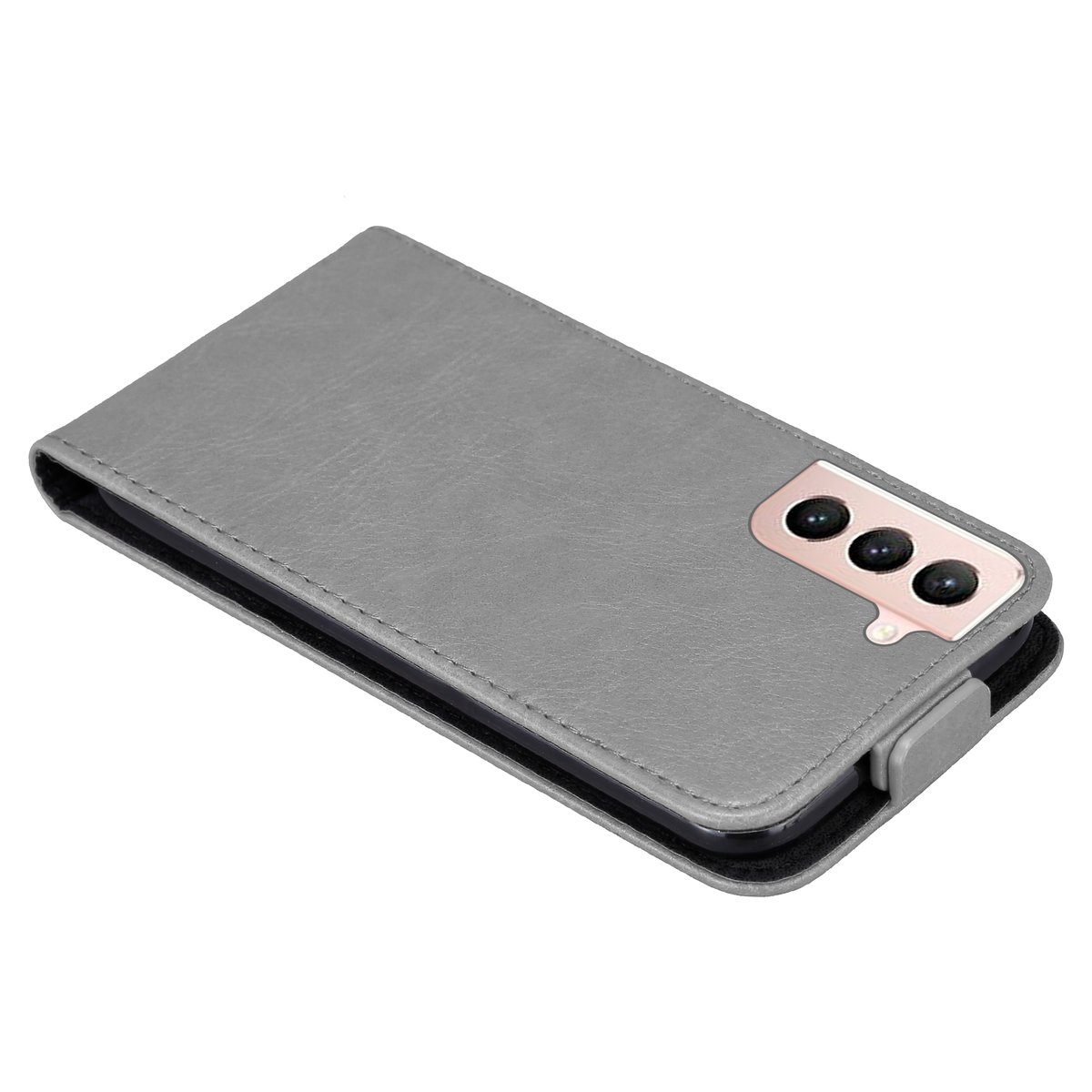 Eine graue Handyhülle mit dem Telefon darin. Die Hülle ist geschlossen. Das Telefon hat drei Kameras.