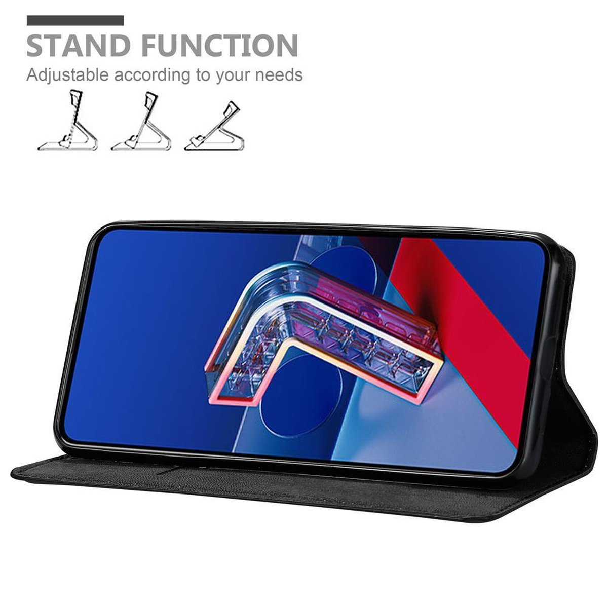 Handyhülle mit Standfunktion. Das Telefon zeigt ein Neon-Design auf blauem Hintergrund.