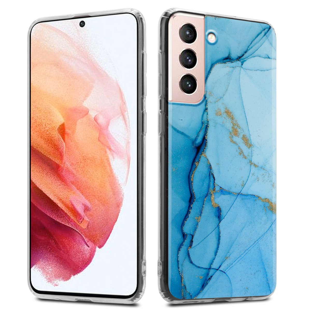 Telefono con custodia in marmo blu. Lo schermo è nero. Il telefono è su sfondo bianco.
