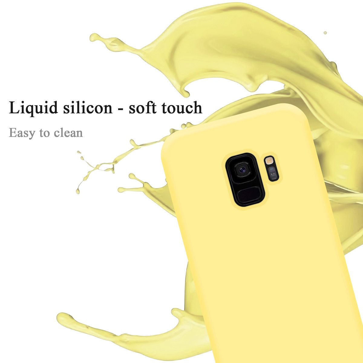 Custodia per telefono gialla con uno spruzzo di liquido giallo. La custodia ha un ritaglio per la fotocamera.