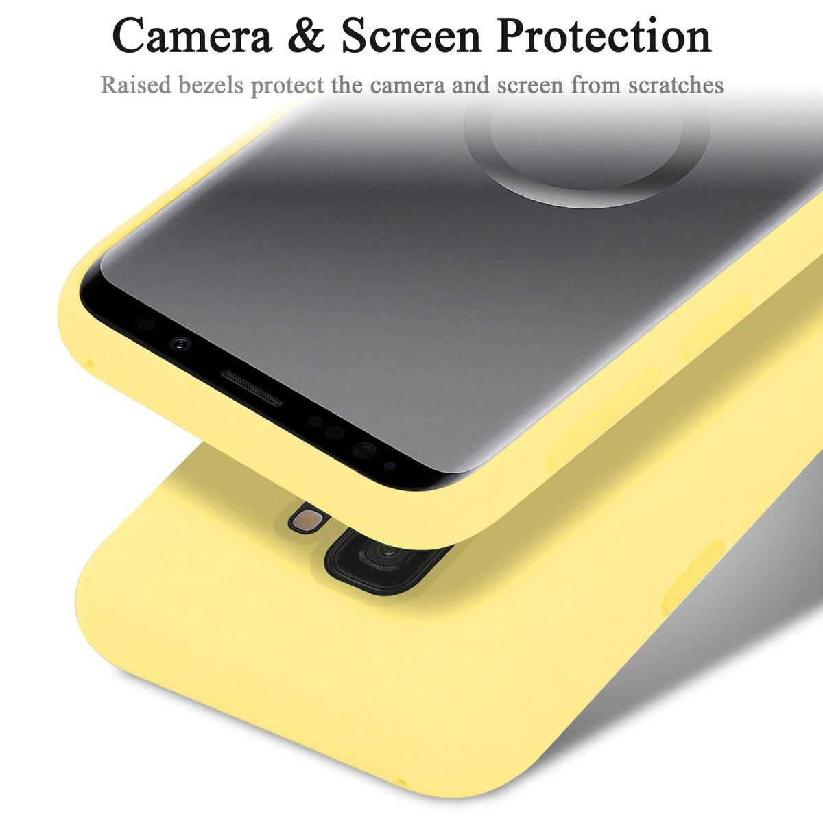 Custodia gialla con telefono dentro. L'immagine mostra la protezione della fotocamera e dello schermo.