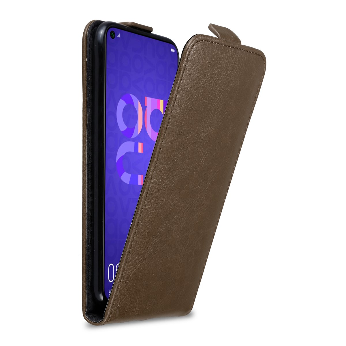 Braune Handyhülle, teilweise geöffnet, zeigt den Telefonbildschirm. Weißer Hintergrund.