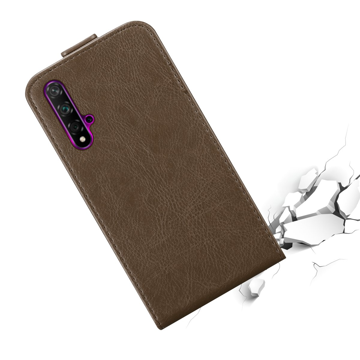Eine braune Leder-Handyhülle fällt. Risse gehen vom Aufprallpunkt aus.