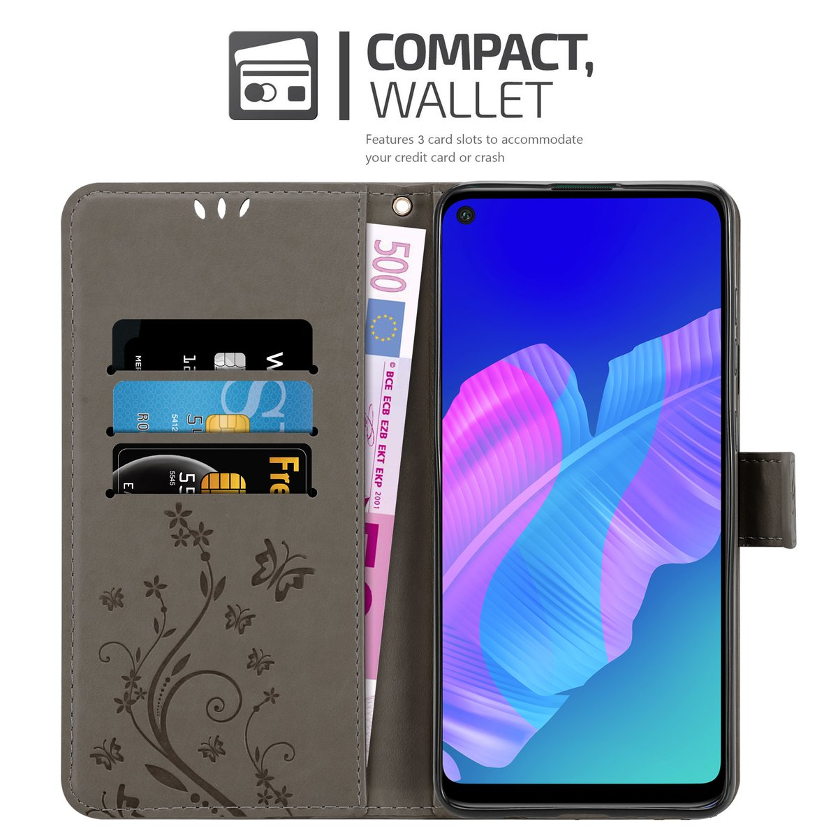 Custodia per telefono con carte e denaro. Design floreale e funzione portafoglio.