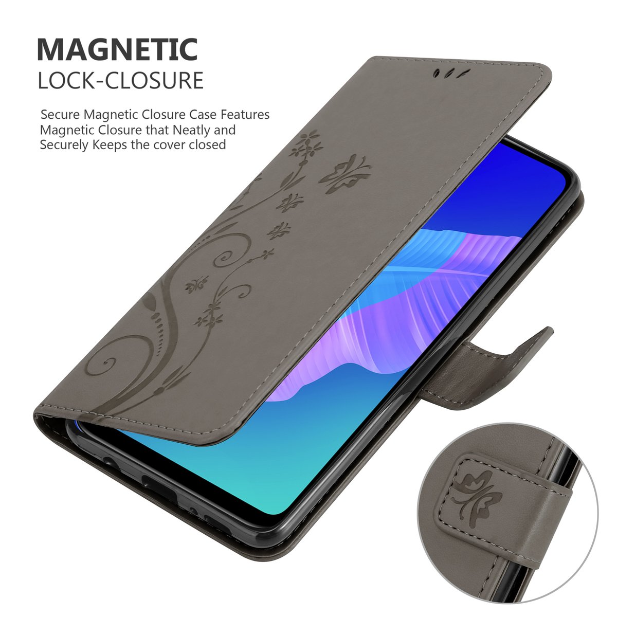 Una custodia per telefono grigia, aperta per rivelare il telefono. Il testo dice 'Magnetic Lock-Closure'. Design floreale sulla custodia.