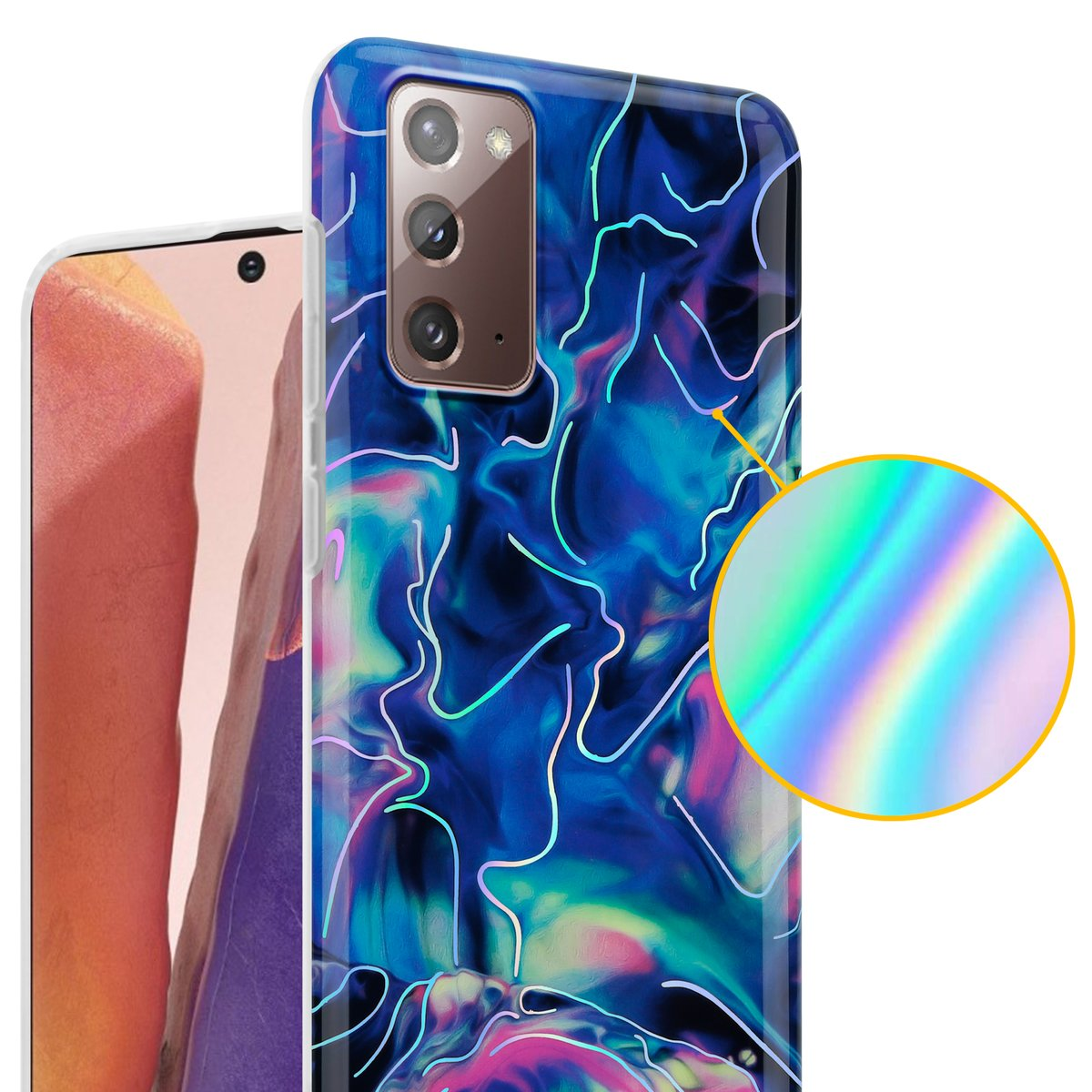 Primo piano di una custodia per telefono con un design blu, rosa e verde a vortice. Una lente d'ingrandimento mostra il design.