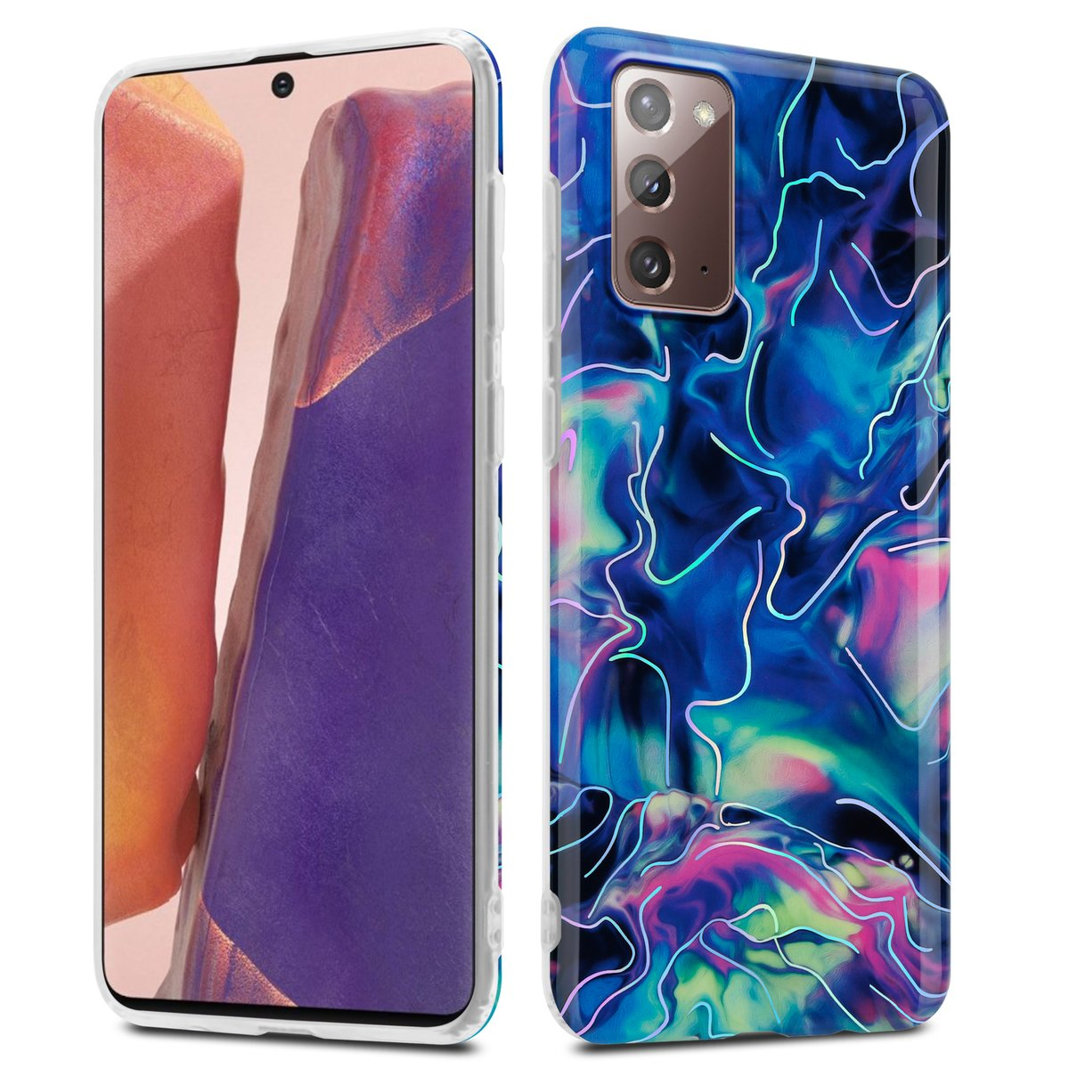 Custodia per telefono con un motivo colorato, anteriore e posteriore. Il telefono è in mostra.