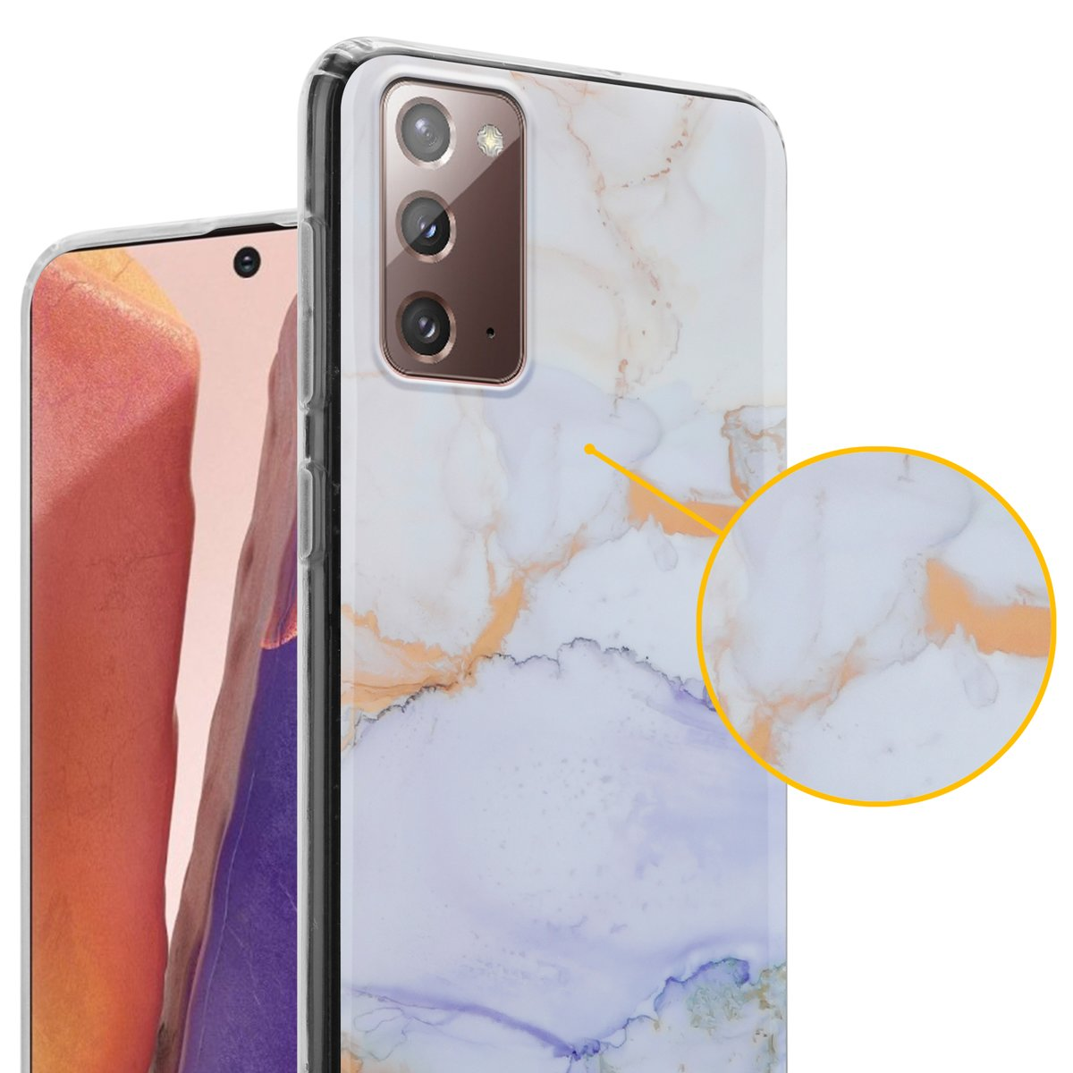 Custodia per telefono con motivo marmoreo, in viola e oro. Un telefono è dentro. Il dettaglio del design è mostrato.