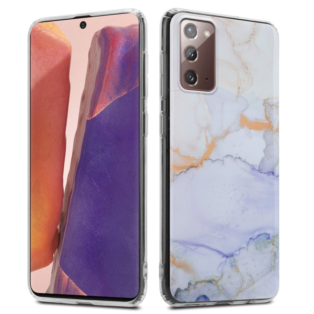 Due telefoni con custodie. Uno ha un design marmorizzato.