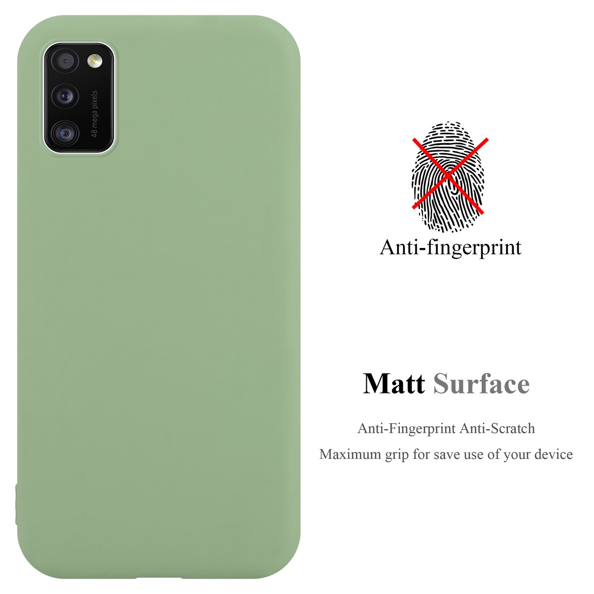 Grüne Handyhülle mit Text 'Anti-Fingerprint' und 'Matt Surface'. Ein Fingerabdruck ist durchgestrichen. Text: 'Maximum grip'.