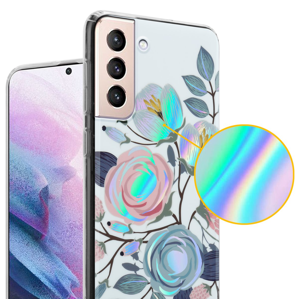 Una custodia per telefono con fiori sopra. I fiori hanno un effetto olografico.