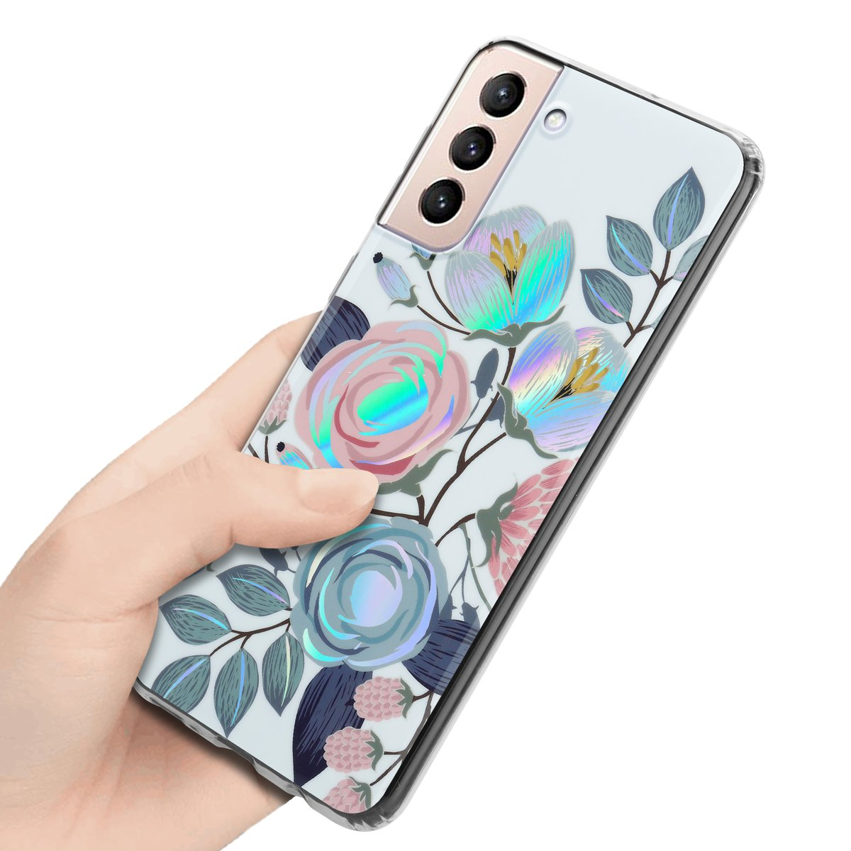 Mano che tiene una custodia per telefono con motivo floreale. La custodia ha uno sfondo trasparente, con fiori rosa, blu e bianchi.
