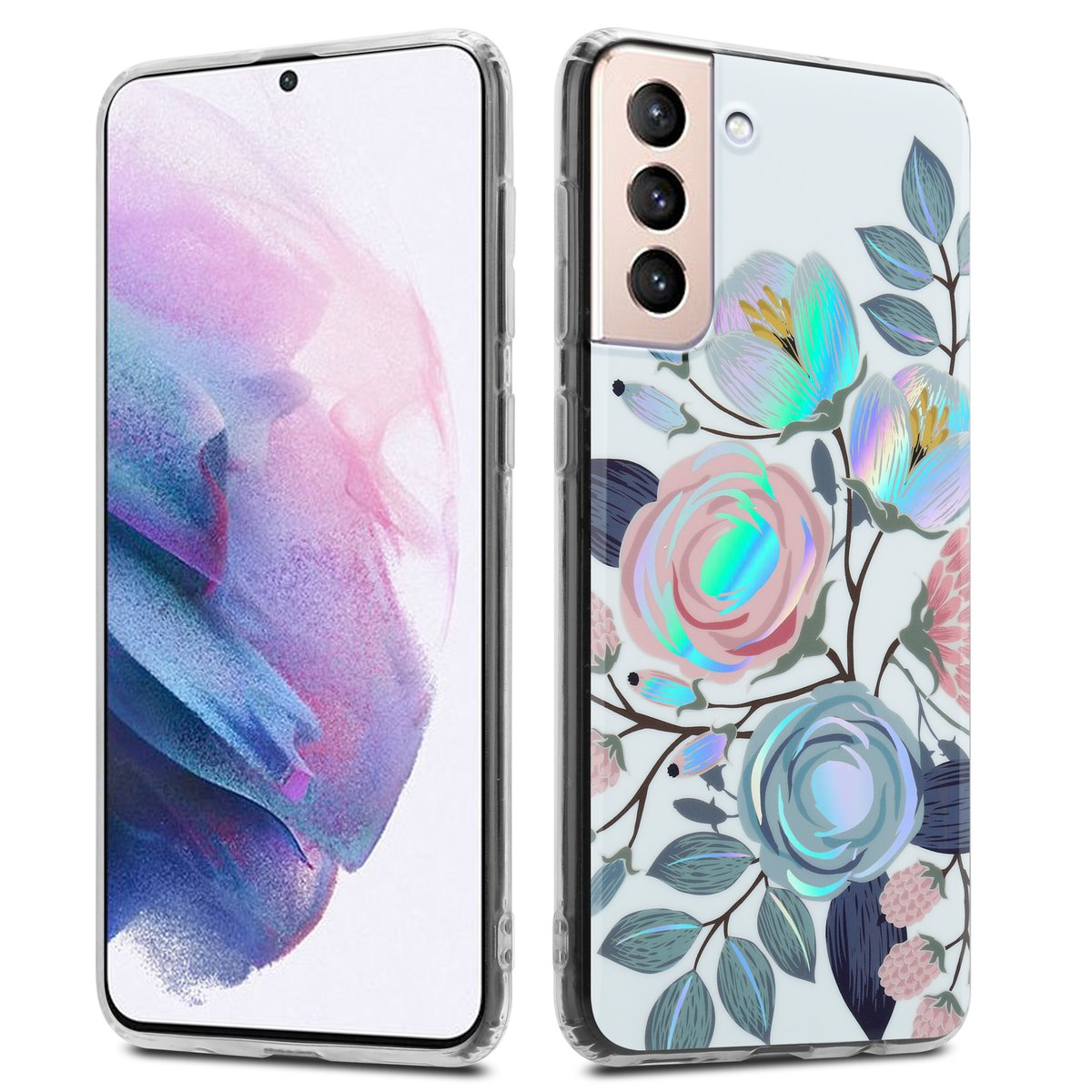 Due telefoni, uno con custodia, entrambi con disegni floreali.