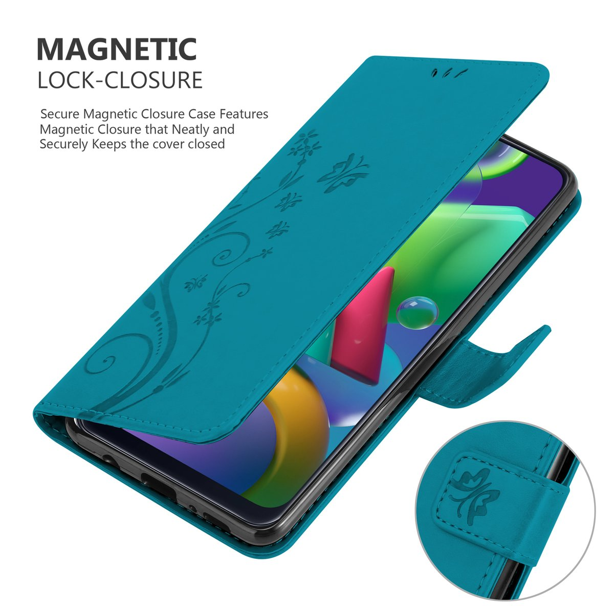 Custodia per telefono verde acqua, aperta, che mostra il telefono. Design floreale, chiusura magnetica.