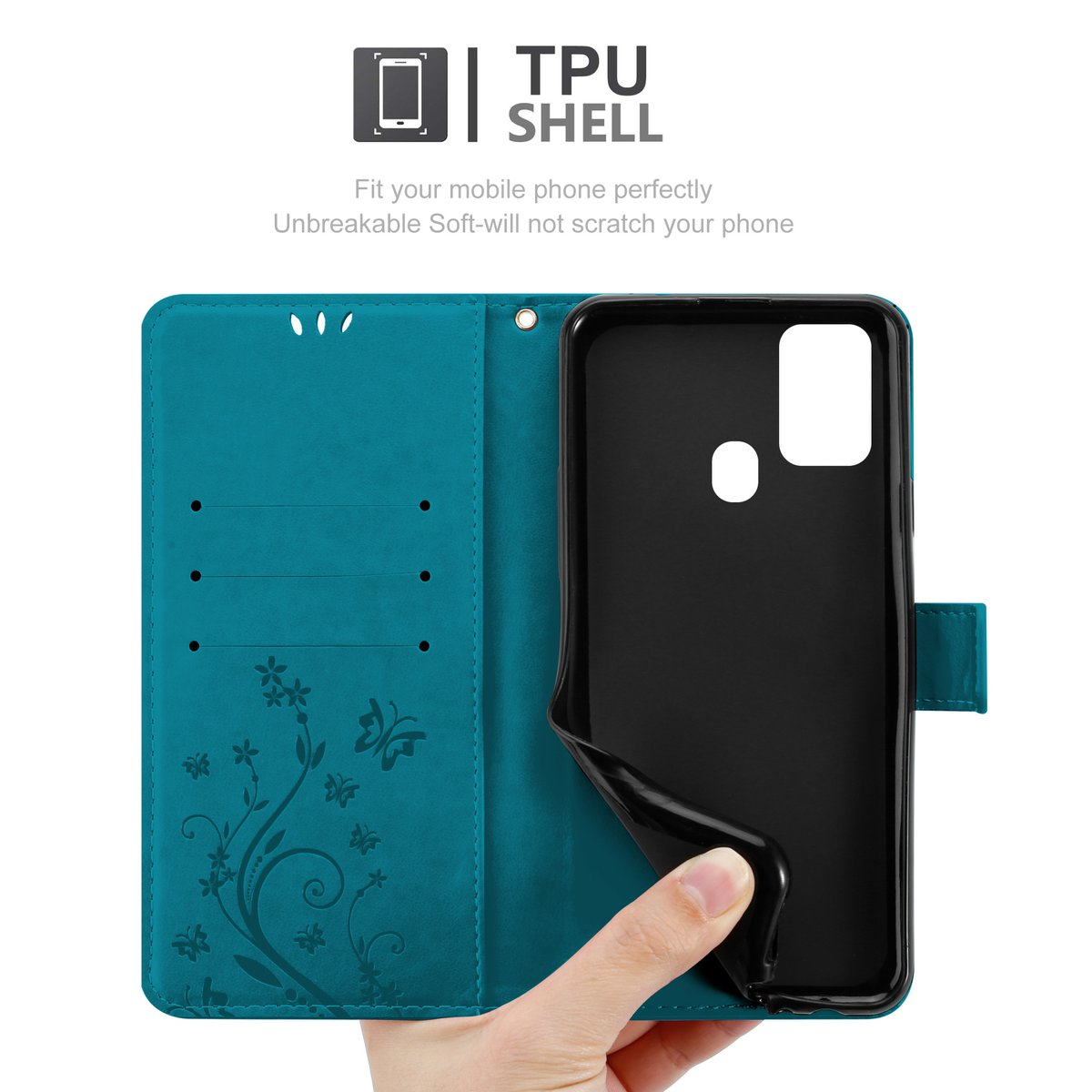 Custodia del telefono aperta. Copertura blu con un design floreale. Telefono nero all'interno.