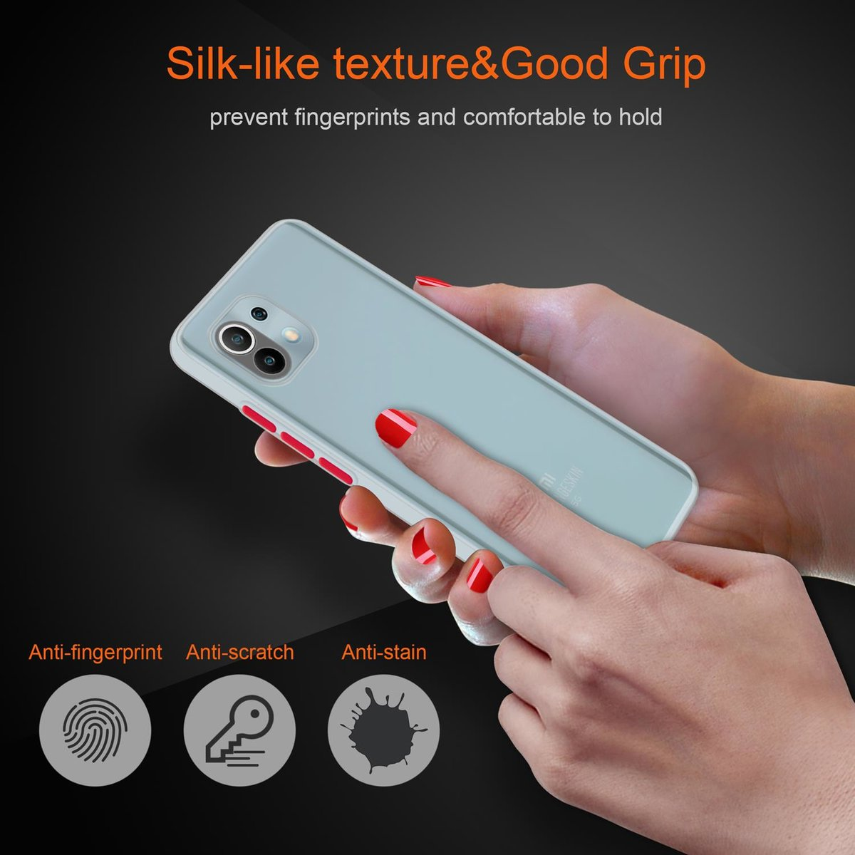 Mani che tengono un telefono in una custodia azzurra. Il testo dice 'Silk-like texture&Good Grip'. Icone sotto il testo.