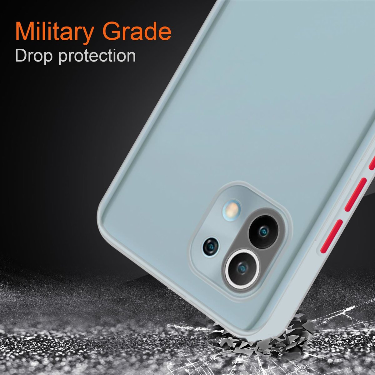 Custodia per telefono azzurra su una superficie che sembra rompersi. Testo: 'Military Grade Drop protection'.