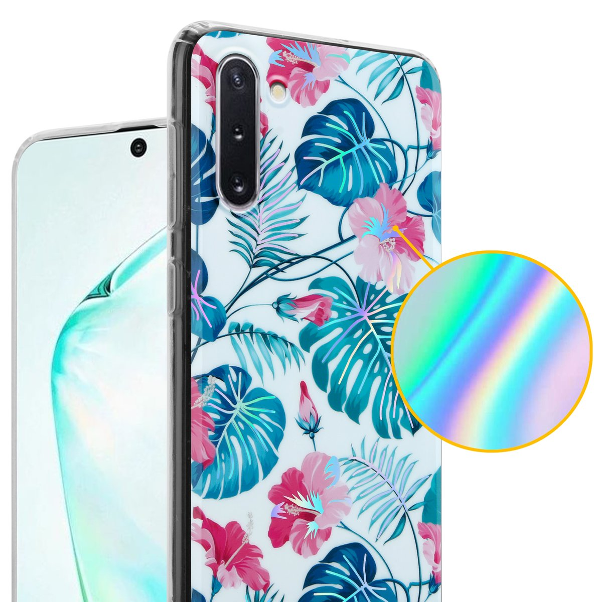 Custodia bianca per telefono con motivo floreale colorato. Include un primo piano del design.