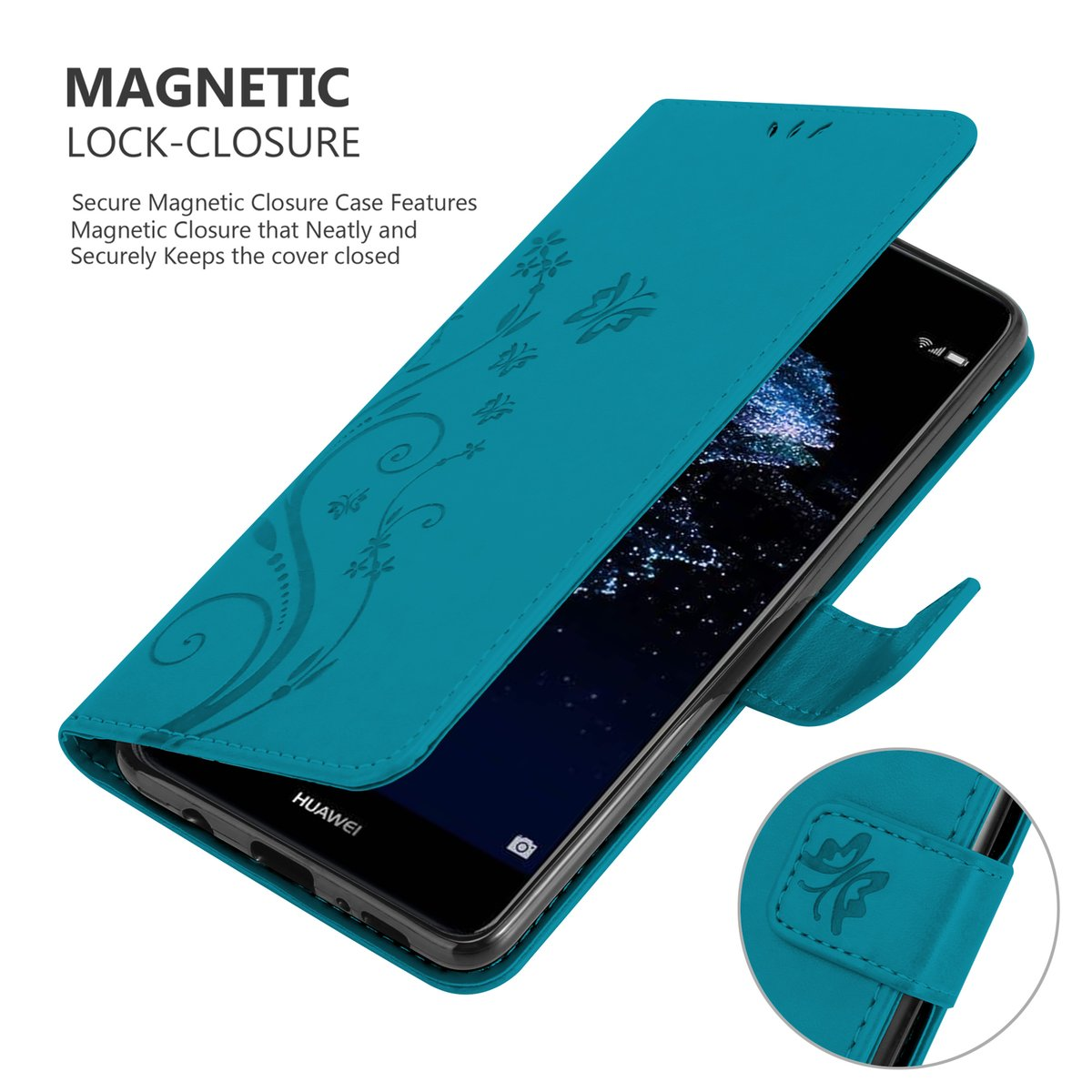 Custodia per telefono turchese con design floreale, aperta. La custodia è su un telefono.