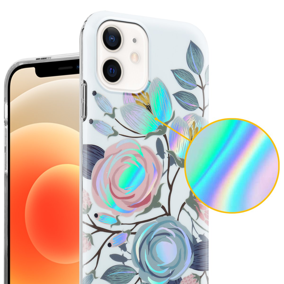 Custodia trasparente per telefono con design floreale. I fiori sono rosa, blu e bianchi con un cerchio olografico. Telefono visibile.
