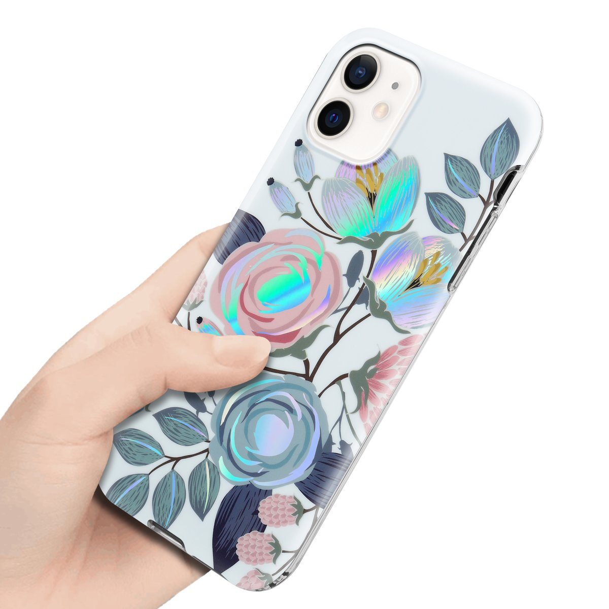 Una mano che tiene un telefono con una custodia trasparente. La custodia ha disegni floreali rosa e blu.