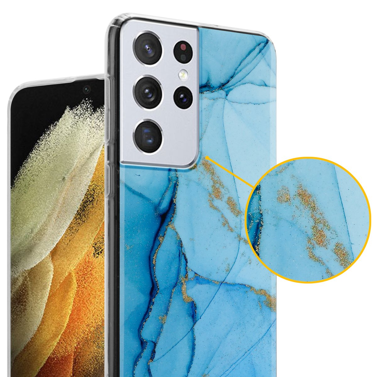Primo piano di una custodia per telefono con un design a marmo blu e oro.