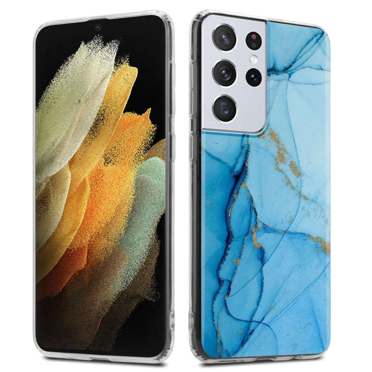 Due telefoni in custodie. Uno con schermo. L'altro con un design marmorizzato.