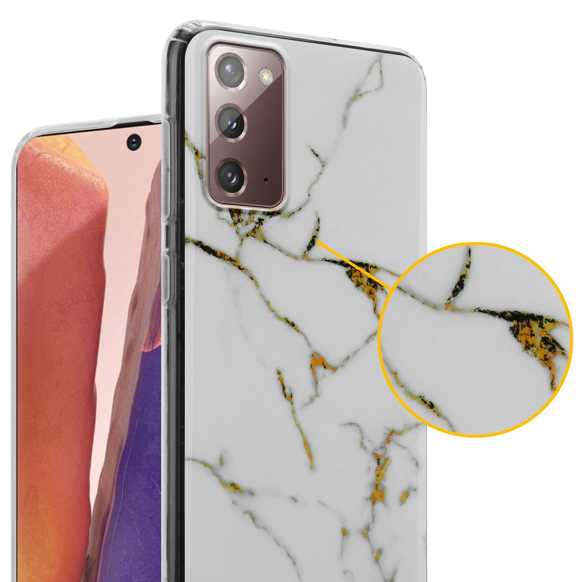 Telefono con custodia bianca effetto marmo. Viene mostrato un primo piano.