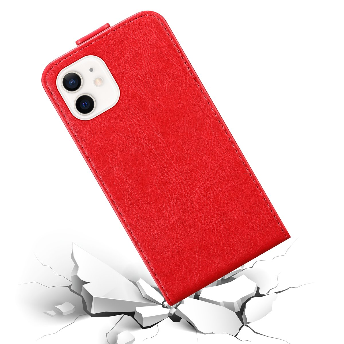 Custodia per telefono rossa su sfondo bianco con vetro rotto. Il telefono è capovolto.