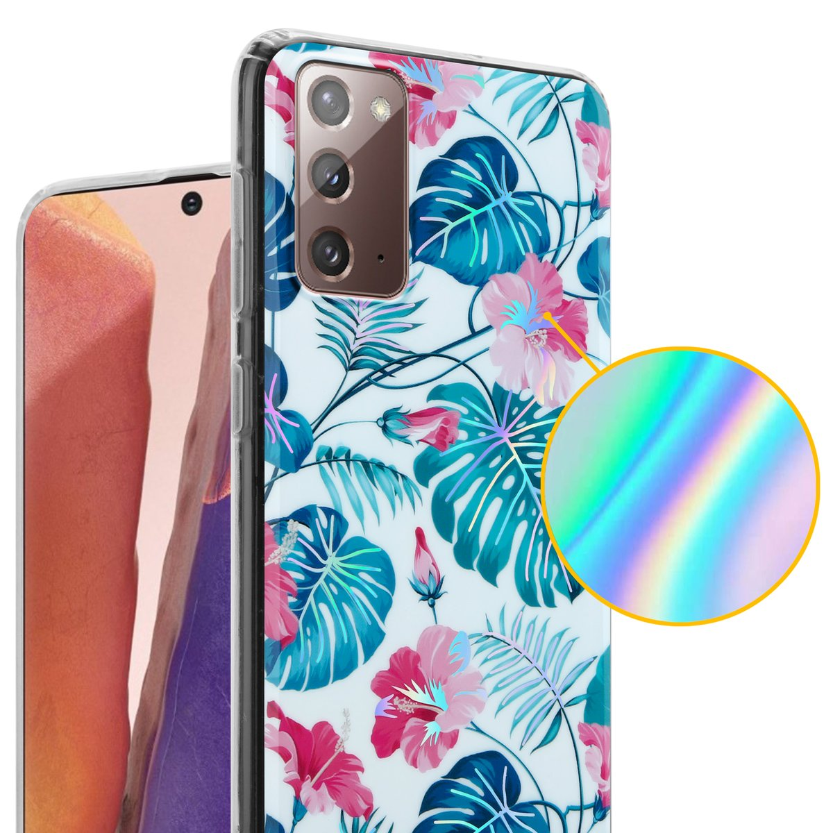 Custodia per telefono con design floreale. Un telefono è nella custodia con sfondo bianco. Viene mostrato l'effetto olografico.