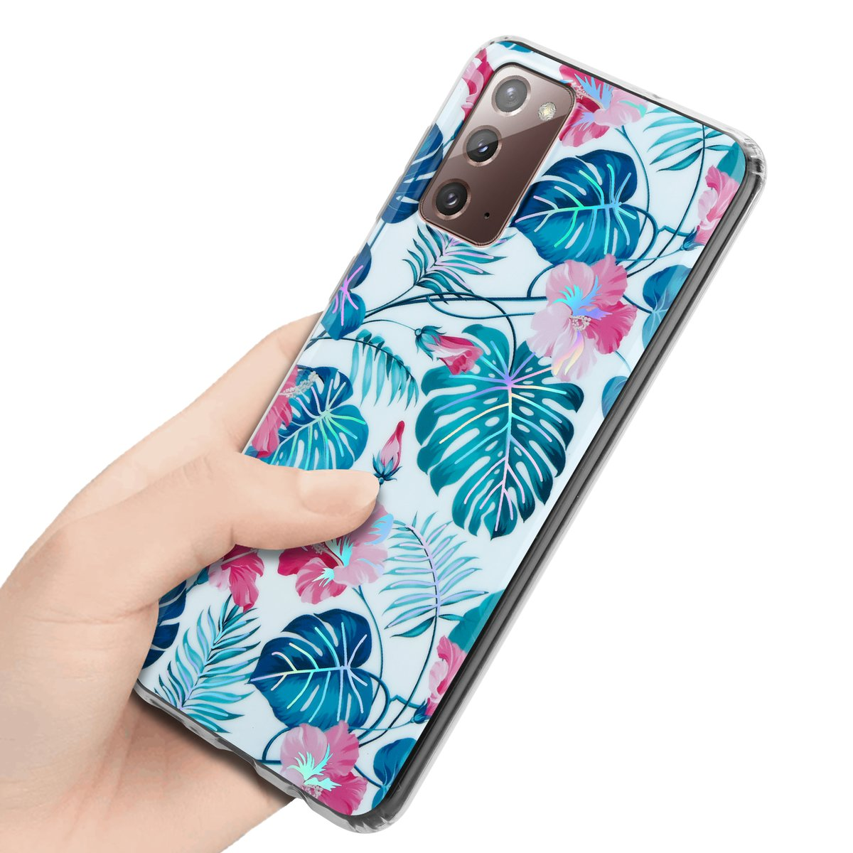 Mano che tiene un telefono con una custodia floreale. La custodia ha foglie e fiori blu, rosa e verdi.