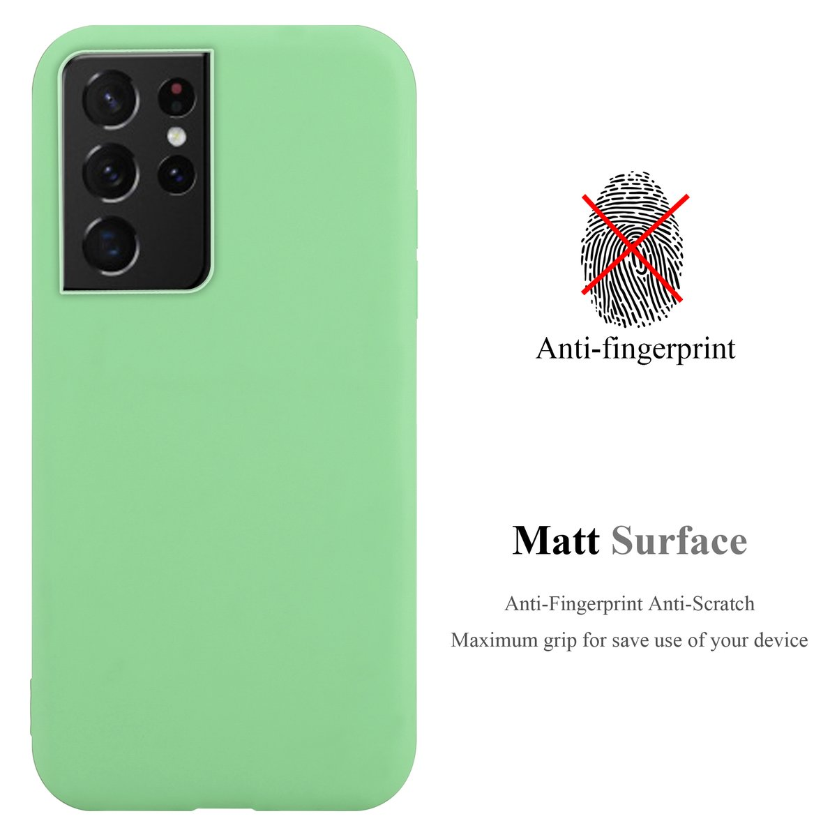 Custodia verde per telefono con fotocamera, testo anti-impronta e descrizione superficie opaca.