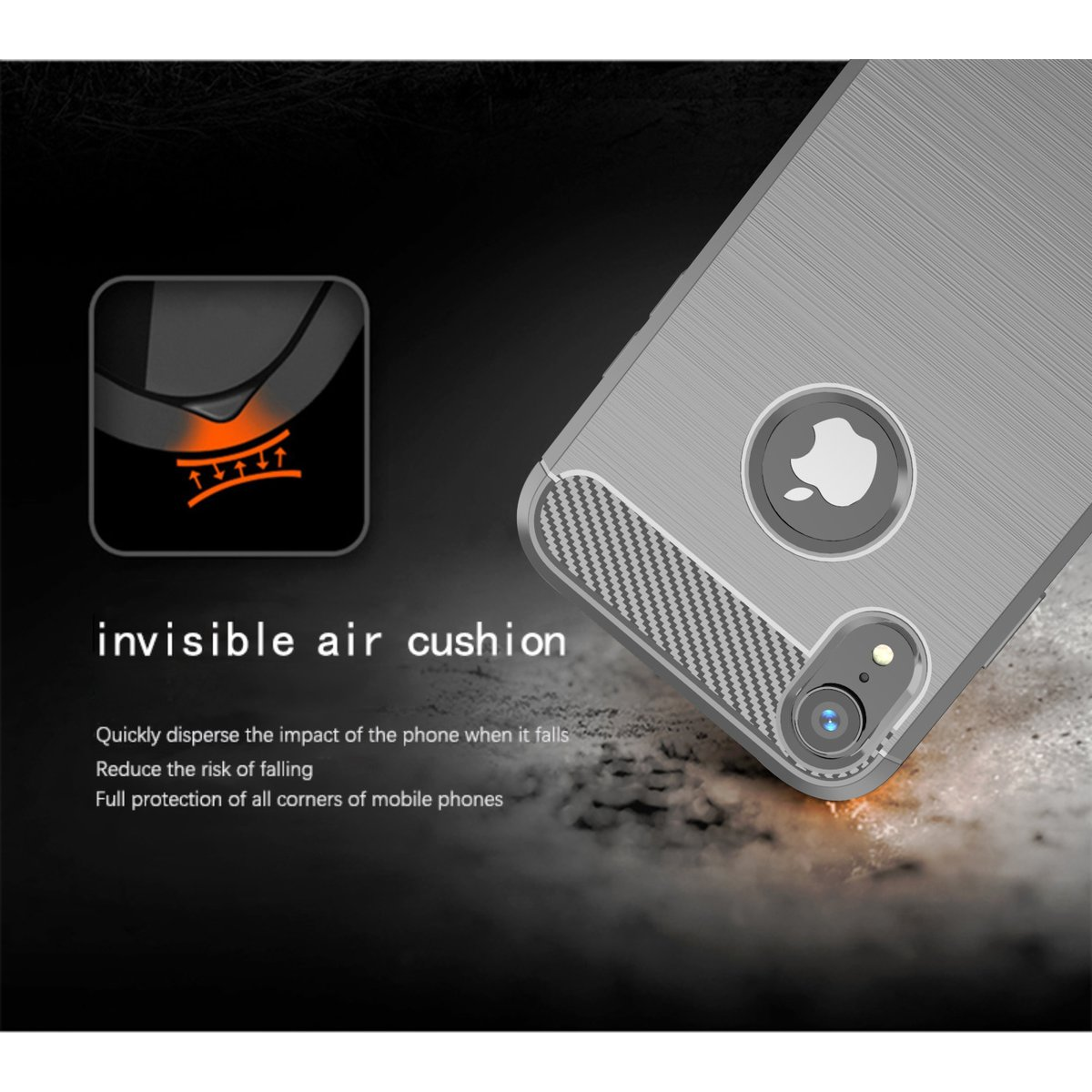 Custodia per telefono con logo Apple e tecnologia air cushion. Testo spiega la dispersione.