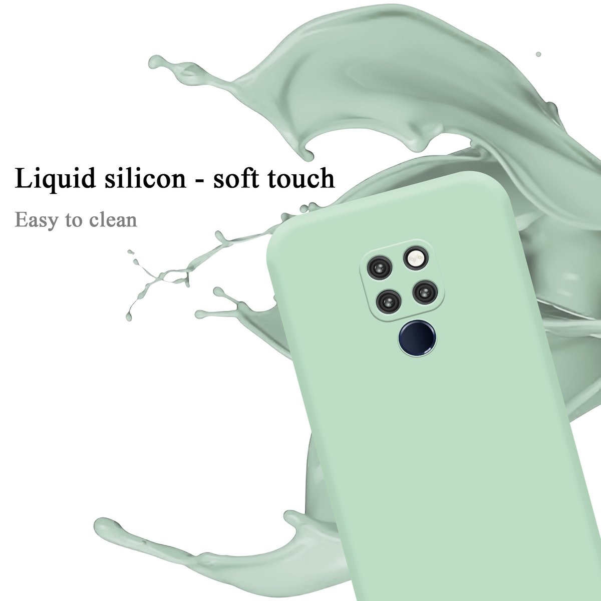 Una custodia per telefono con uno schizzo di liquido, che mostra un design soft touch. Il colore è verde menta.