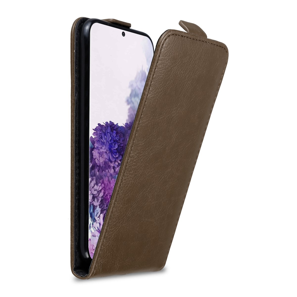Custodia per telefono in pelle marrone, aperta per rivelare uno schermo con fiori viola.
