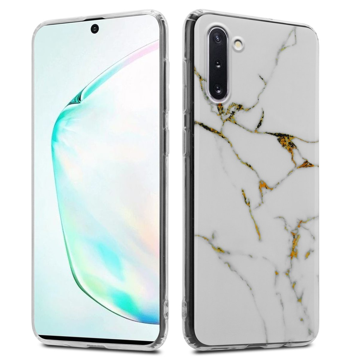 Un telefono e una custodia abbinata, entrambi con un design in marmo bianco.
