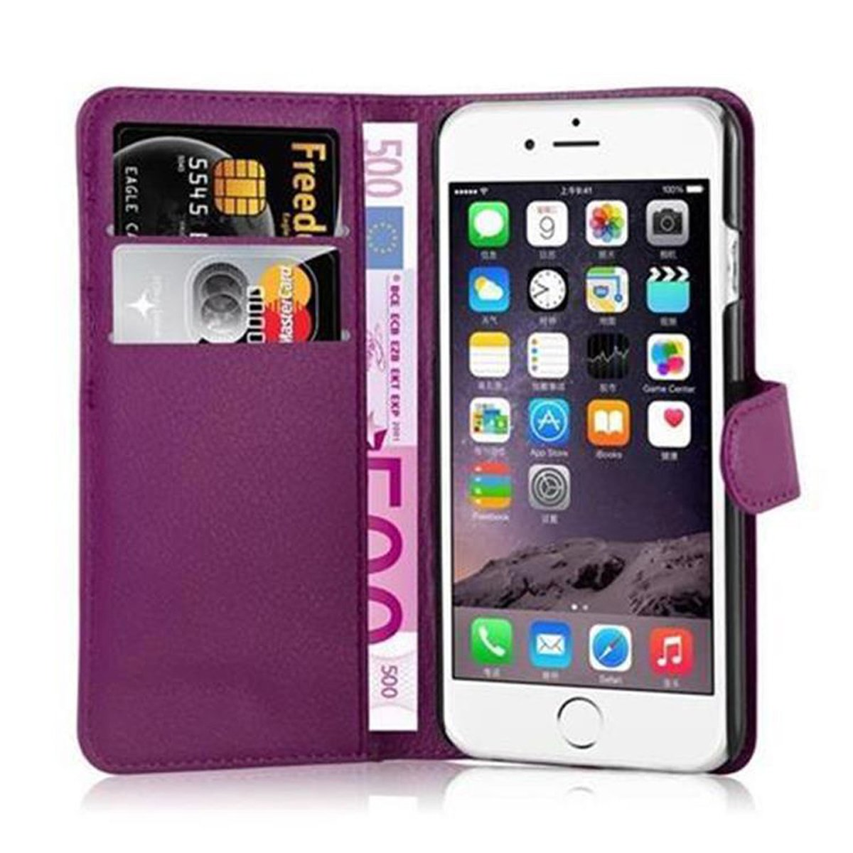 Una custodia viola con fessure per carte di credito e un telefono dentro, con denaro nell'altra fessura.