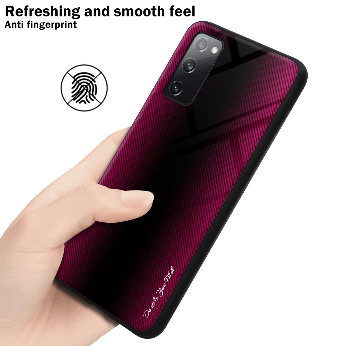 Una mano tiene una custodia per telefono con un design a gradiente rosso-nero. La custodia ha un'icona di impronta digitale.