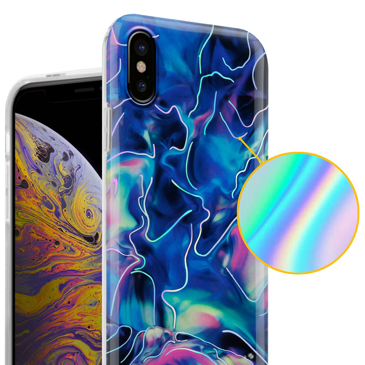 Telefono con design colorato, custodia trasparente e dettaglio olografico.
