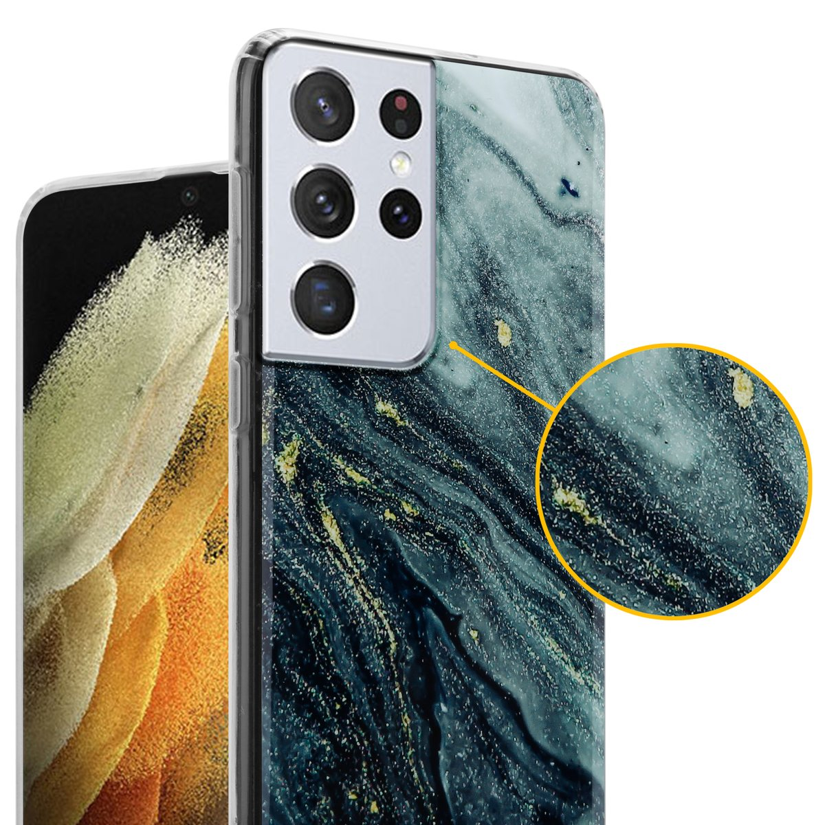 Una custodia per telefono con un design marmorizzato. Lo sfondo mostra i dettagli del motivo marmorizzato.