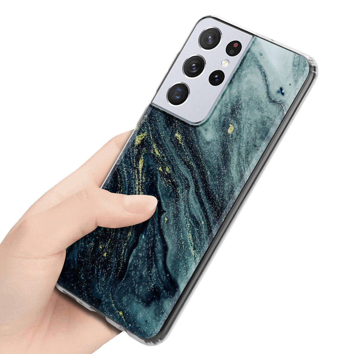 Mano che tiene un telefono con custodia. La custodia ha un design marmoreo.