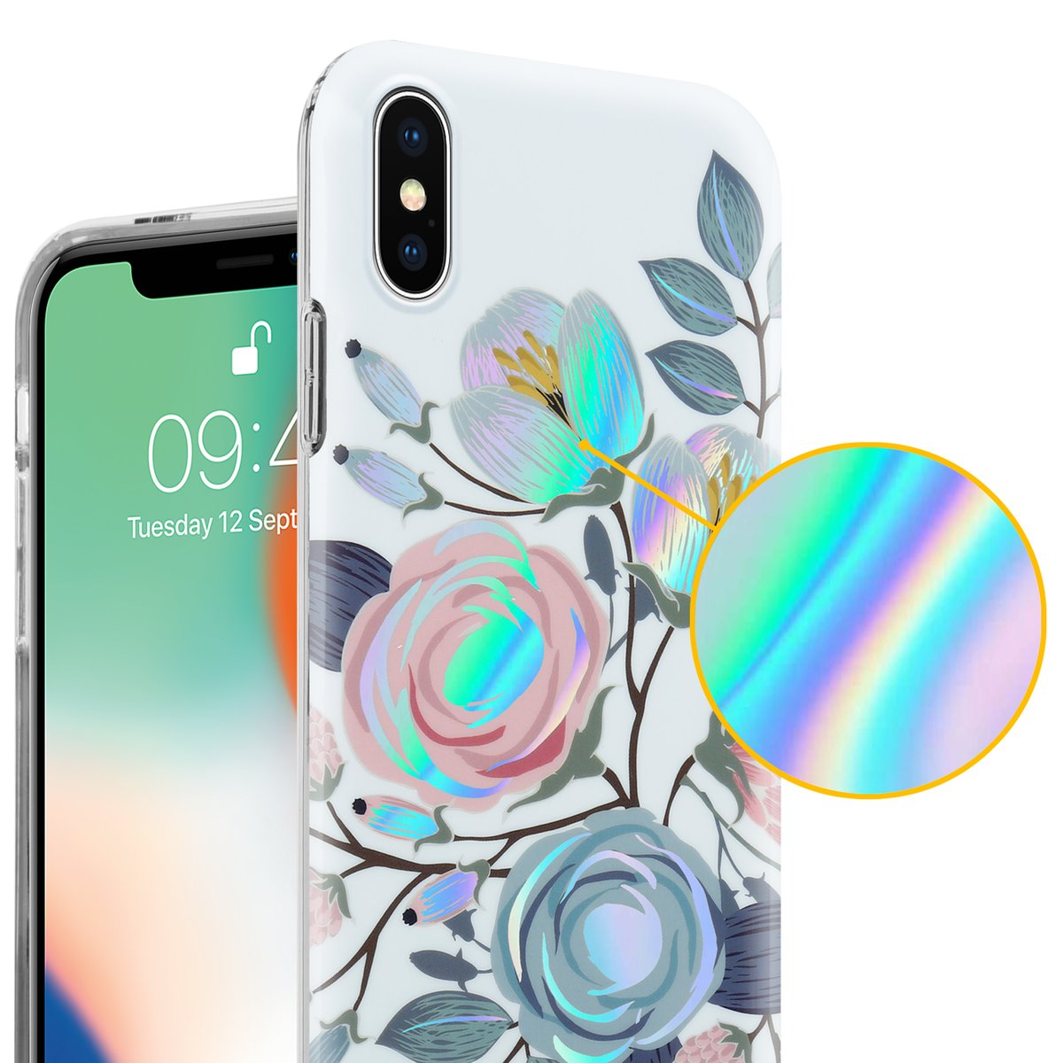Custodia per telefono con design floreale, dettaglio iridescente e telefono a sinistra.