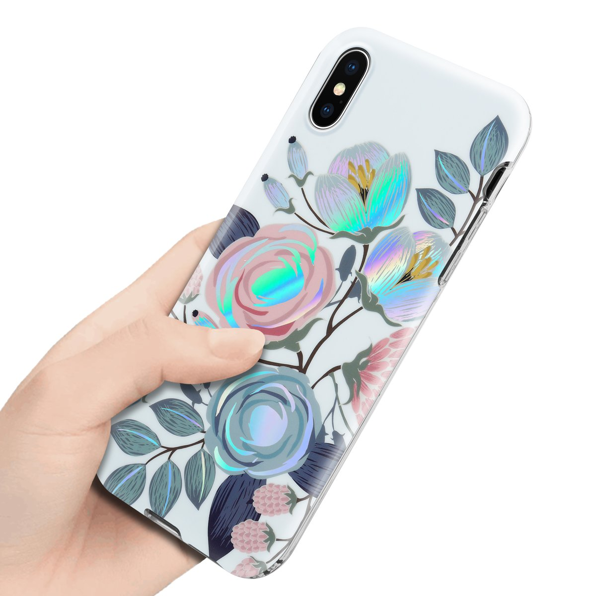 Una mano che tiene un telefono con una custodia dal design floreale. Lo sfondo è bianco.