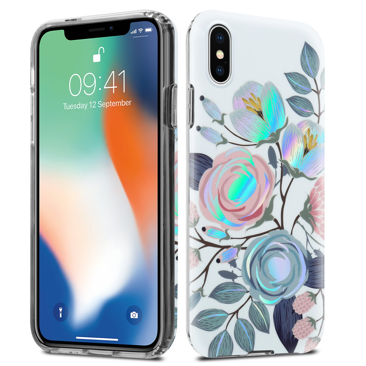 iPhone con custodia floreale: custodia bianca con fiori rosa, blu e verdi. Il telefono mostra la data 12 settembre, 09:41.