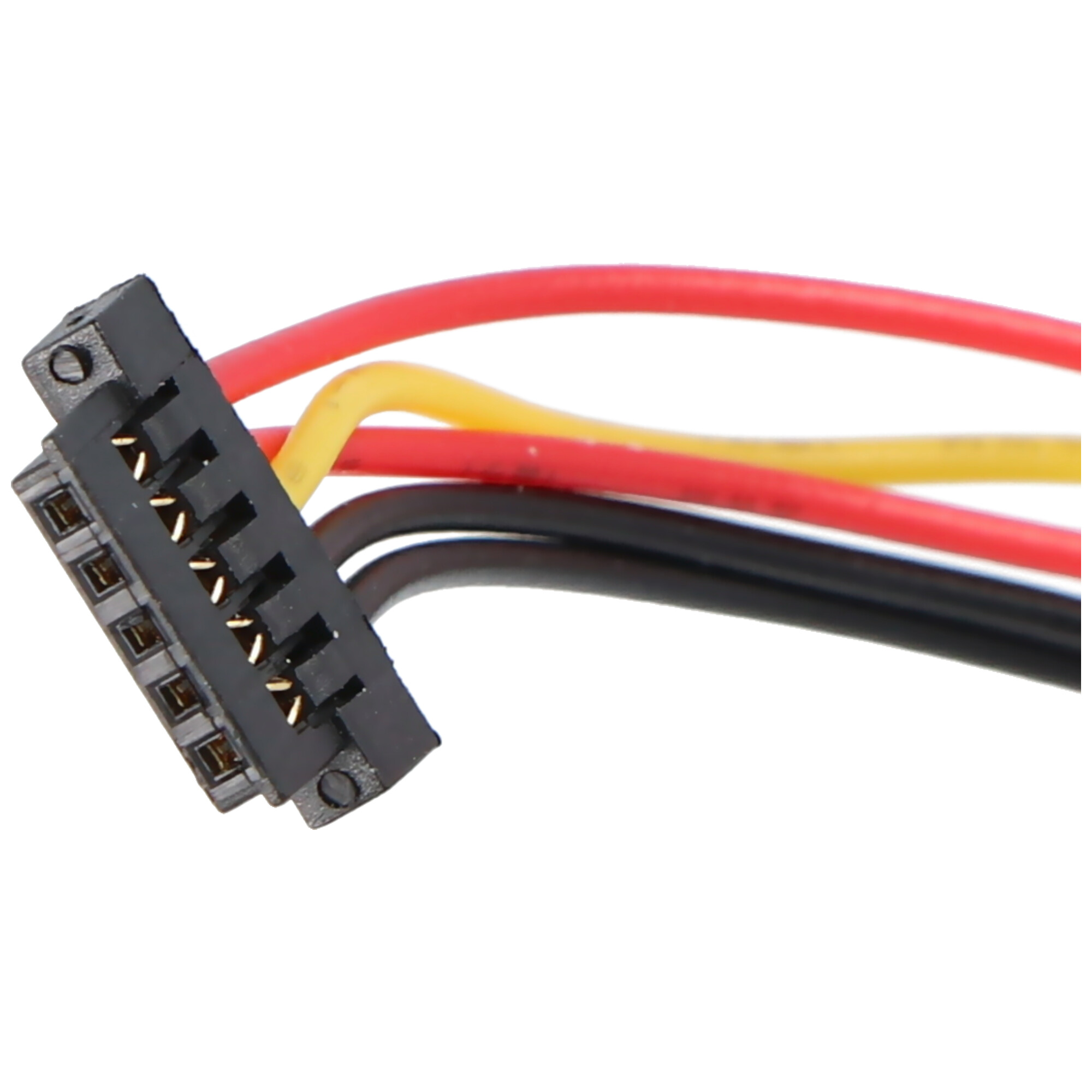 Een zwarte connector met zes pinnen en rode, gele en zwarte draden.