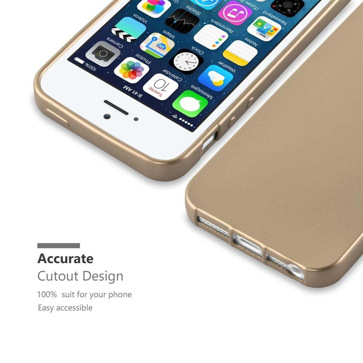 Custodia dorata con telefono bianco. Design con ritagli precisi.