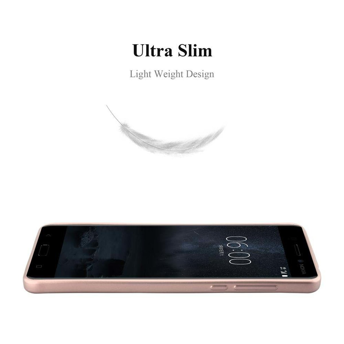 Telefono oro rosa in una custodia. La custodia è su una superficie bianca.