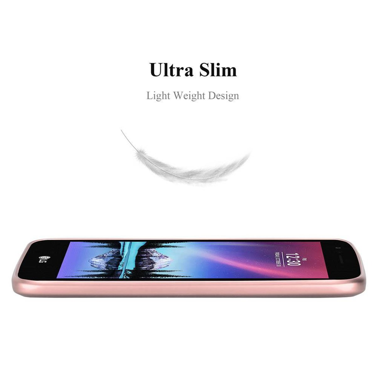 Un teléfono rosa sobre una superficie blanca. Tiene un diseño ligero, la imagen muestra una pluma.